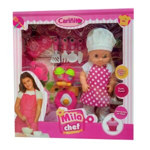 MUNECA MILA CHEF CARINITO CON ACCESORIOS VR1 923 DELANTAL ROSA