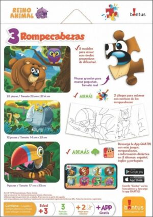 ROMPECABEZAS PUZZLE PACK X3 INFANTIL COLOREAR BONTUS VR3 725 REINO ANIMAL - Imagen 3