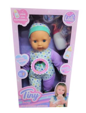 BEBOTE TINY LULI 32CM CON MAMADERA Y SONIDOS VR3 53722 ENTERIZO BLANCO Y LILA
