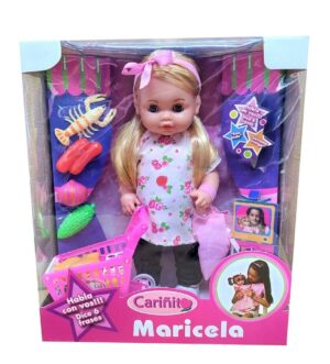 MUNECA MARICELA AL SUPERMERCADO Y CARRITO VR3 0882 ROSA Y FLORES ROJAS