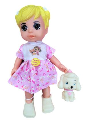 MUÑECA CARIÑITO TINY COZY MUSICAL CON MASCOTA VR1 0939 VESTIDO ROSA FLORES