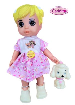 MUÑECA CARIÑITO TINY COZY MUSICAL CON MASCOTA VR1 0939 VESTIDO ROSA FLORES - Imagen 2