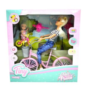 MUÑECA TINY Y LULY VAN DE PASEO EN BICI CON CASCO VR3 54537 REMERA A RAYAS