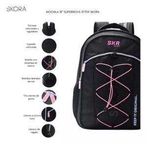 MOCHILA 18 NEGRO LILA FUCSIA SKORA COD 37704 - Imagen 5