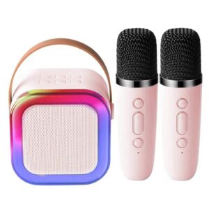 MINI PARLANTE KARAOKE A BT CON DOBLE MICROFONO USB VR1 MGC-25265D ROSADO - Imagen 4