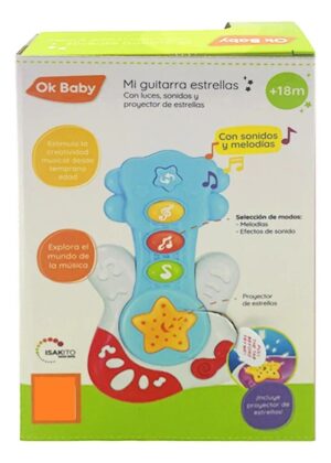 MINI GUITARRA BEBE MUSICAL Y LUCES OK BABY V01 OKBB0364 CELESTE - Imagen 3