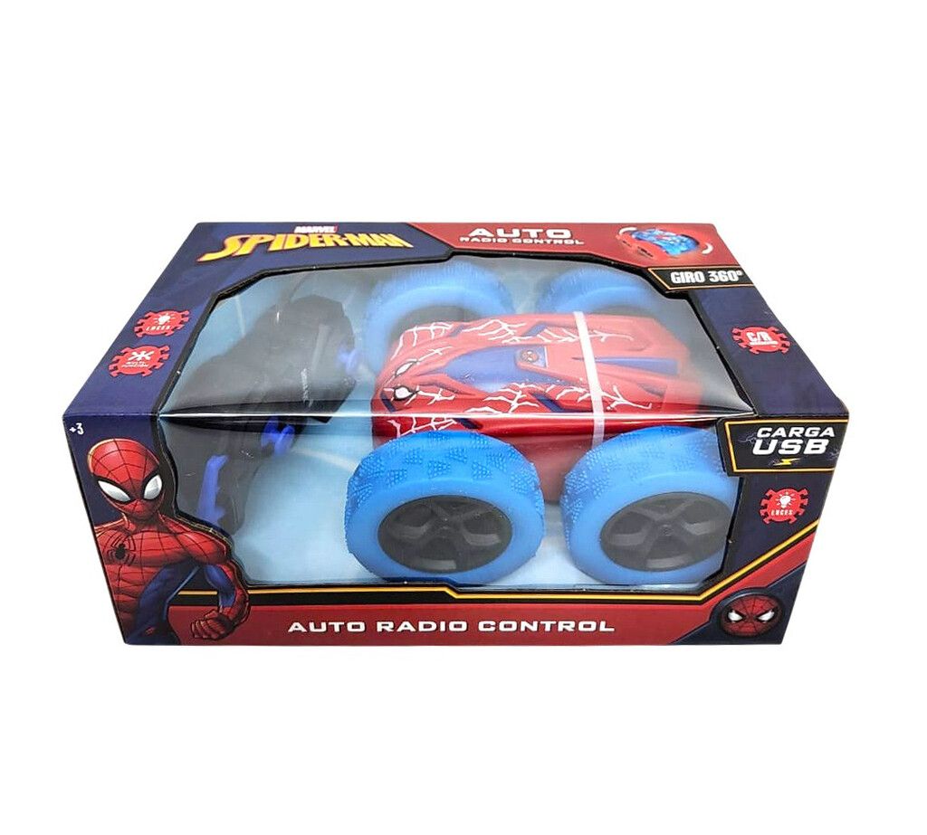 AUTO R/C SPIDERMAN GIRA 360 GRADOS CARGA USB VR2 55893 RUEDAS AZULES - Imagen 2